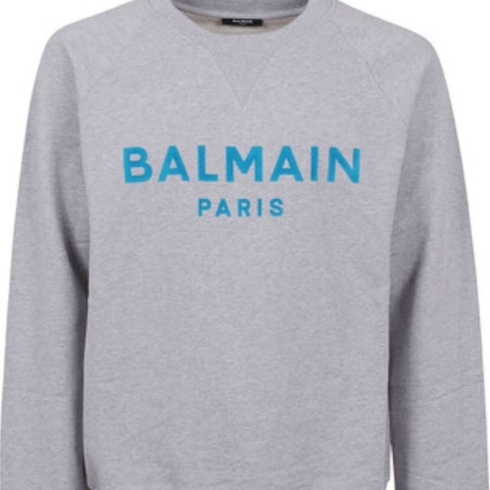 Balmain Paris Flock Blue Logo Spellout Pullover Sweatshirt in Grey Blue